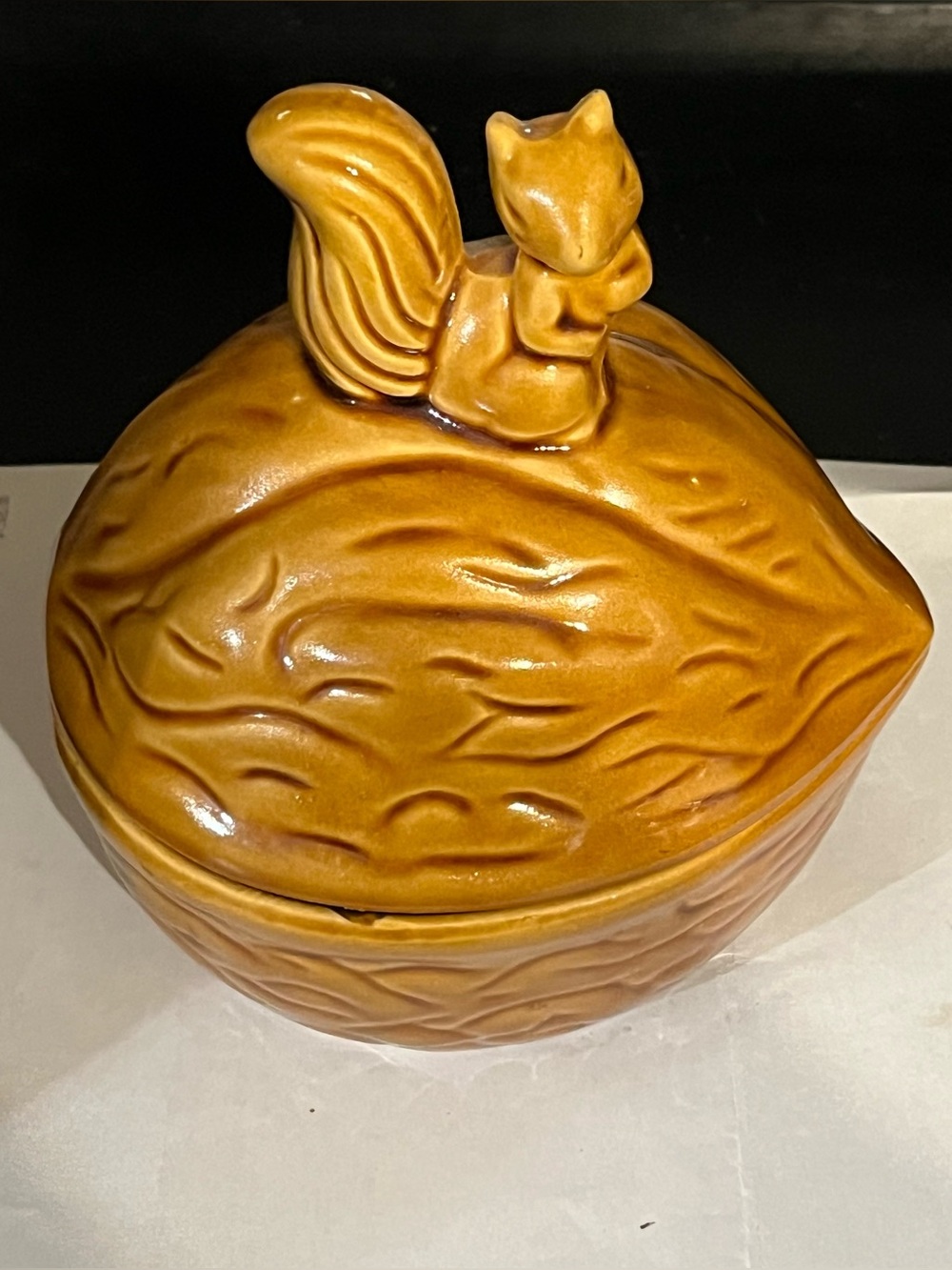 Vintage ROC Ceramic Squirrel On Walnut Bowl